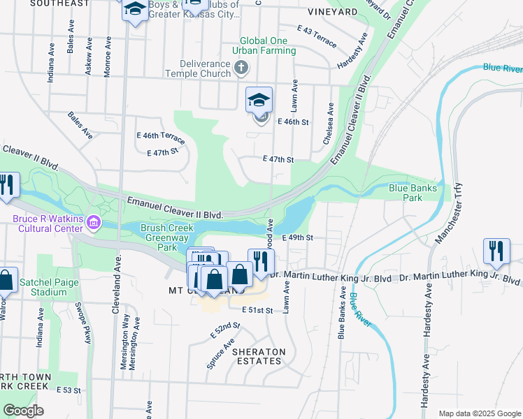 map of restaurants, bars, coffee shops, grocery stores, and more near 4900-4914 Elmwood Avenue in Kansas City