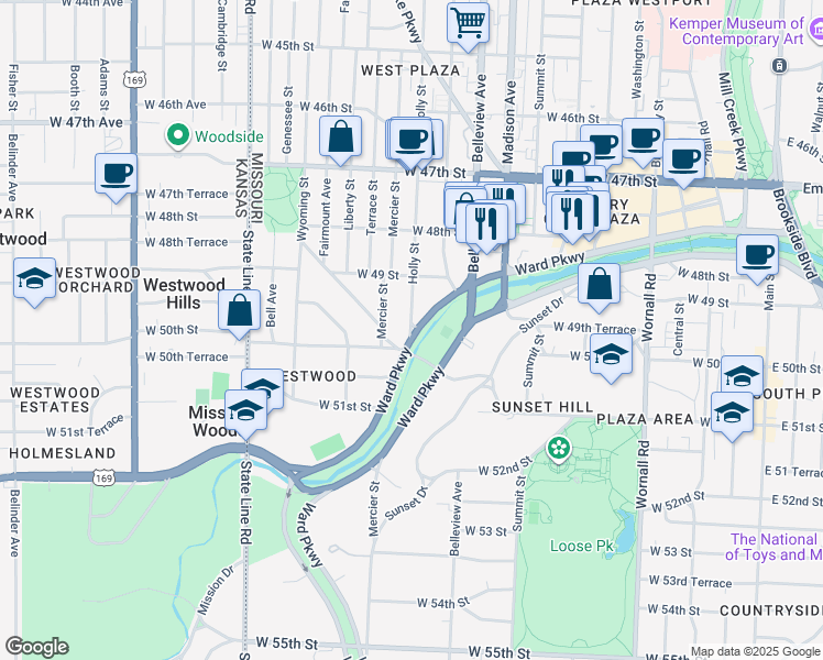 map of restaurants, bars, coffee shops, grocery stores, and more near 1202 Ward Parkway in Kansas City