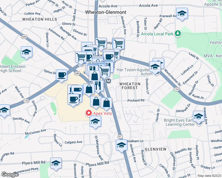 map of restaurants, bars, coffee shops, grocery stores, and more near 11141 Georgia Avenue in Silver Spring