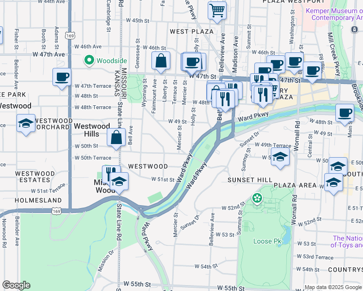 map of restaurants, bars, coffee shops, grocery stores, and more near 4965 Westwood Road in Kansas City