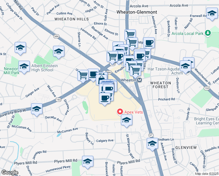 map of restaurants, bars, coffee shops, grocery stores, and more near 11160 Veirs Mill Road in Wheaton-Glenmont
