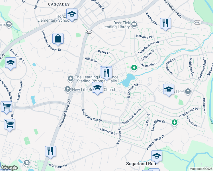 map of restaurants, bars, coffee shops, grocery stores, and more near 46 Sugarland Square Court in Sterling