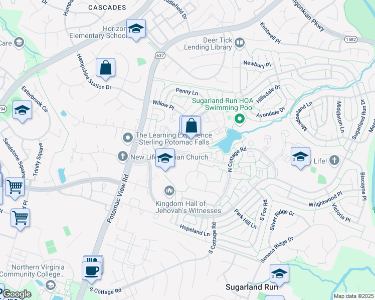 map of restaurants, bars, coffee shops, grocery stores, and more near 38 Sugarland Square Court in Sterling