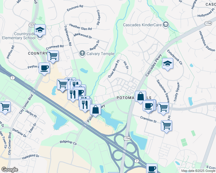 map of restaurants, bars, coffee shops, grocery stores, and more near 46120 Geneva Terrace in Sterling
