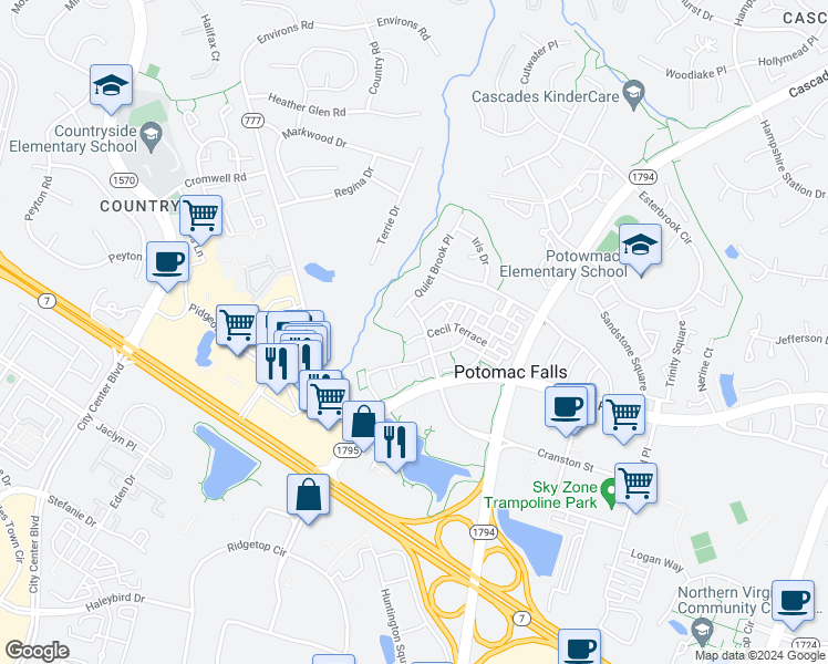map of restaurants, bars, coffee shops, grocery stores, and more near 46122 Geneva Terrace in Sterling