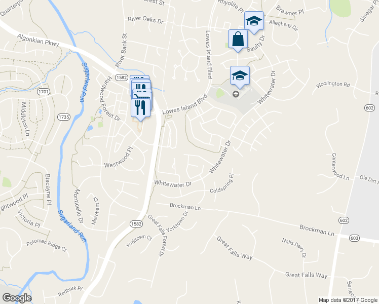 map of restaurants, bars, coffee shops, grocery stores, and more near 47503 Sharpskin Island Square in Sterling