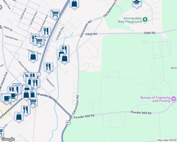 map of restaurants, bars, coffee shops, grocery stores, and more near 5209 Cochran Road in Beltsville