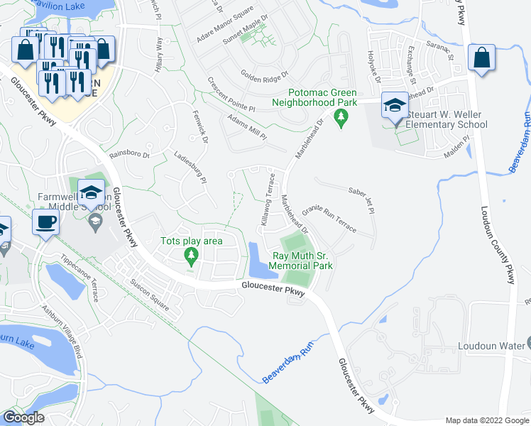 map of restaurants, bars, coffee shops, grocery stores, and more near 20880 Killawog Terrace in Ashburn
