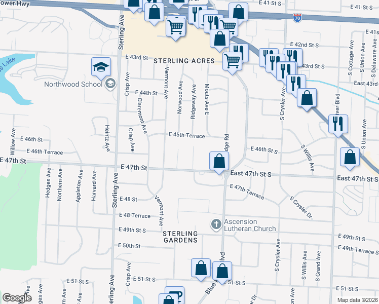 map of restaurants, bars, coffee shops, grocery stores, and more near 4614 Ridgeway Avenue in Kansas City