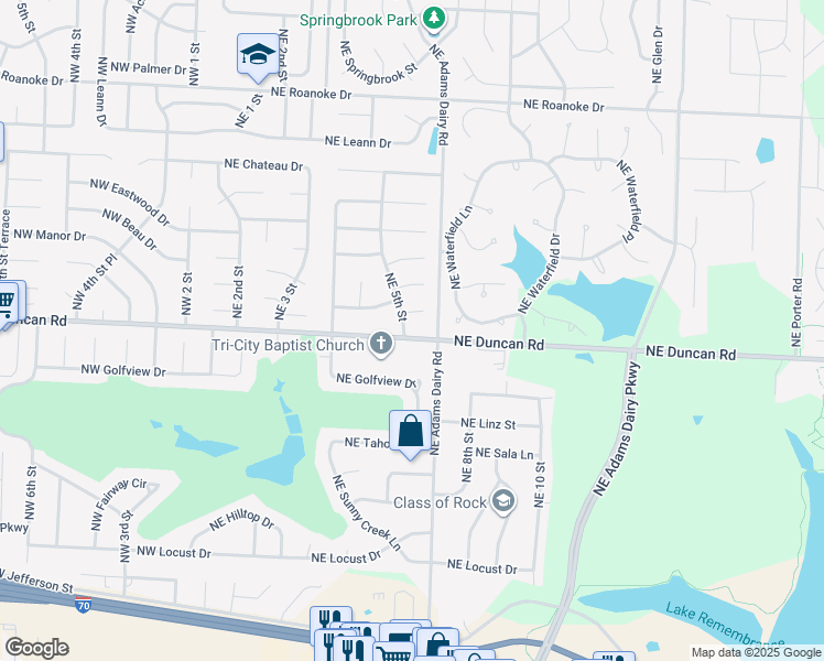 map of restaurants, bars, coffee shops, grocery stores, and more near 501 Northeast Duncan Road in Blue Springs