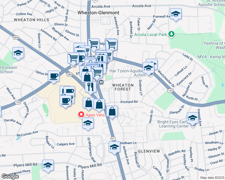map of restaurants, bars, coffee shops, grocery stores, and more near 11046 Amherst Ave in Silver Spring