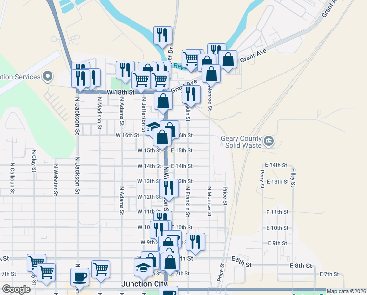 map of restaurants, bars, coffee shops, grocery stores, and more near 137-199 East 15th Street in Junction City