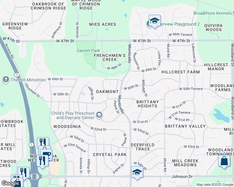 map of restaurants, bars, coffee shops, grocery stores, and more near 22014 West 51st Street in Shawnee