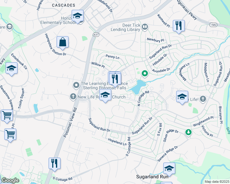 map of restaurants, bars, coffee shops, grocery stores, and more near 46 Sugarland Square Court in Sterling