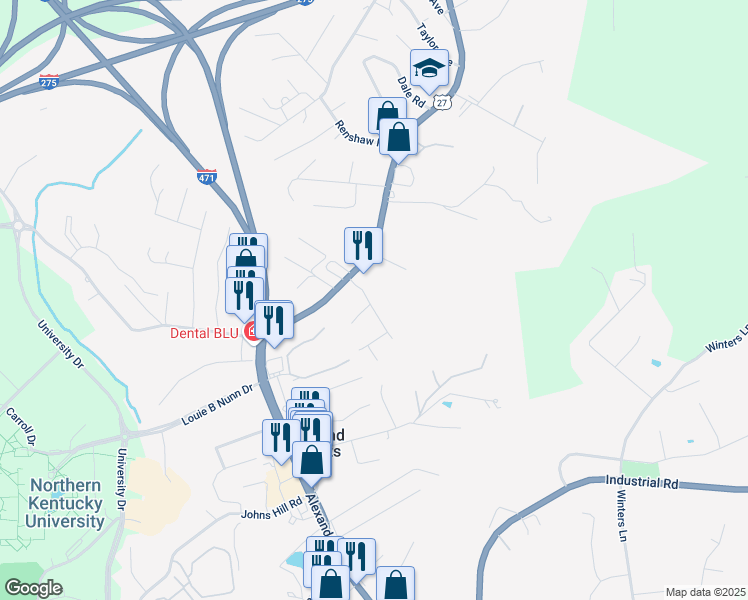 map of restaurants, bars, coffee shops, grocery stores, and more near 6 Chalon Lane in Highland Heights