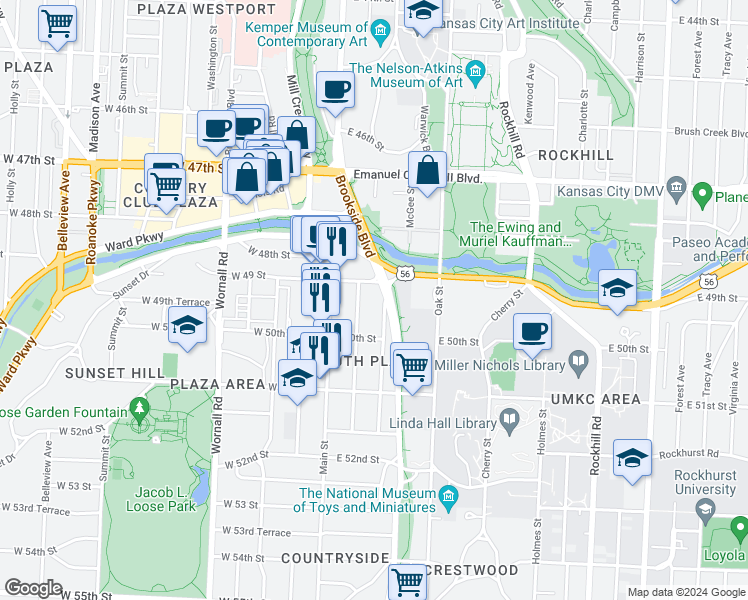 map of restaurants, bars, coffee shops, grocery stores, and more near 4925 Walnut Street in Kansas City