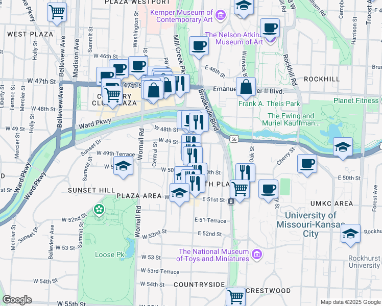 map of restaurants, bars, coffee shops, grocery stores, and more near 4929 Main Street in Kansas City