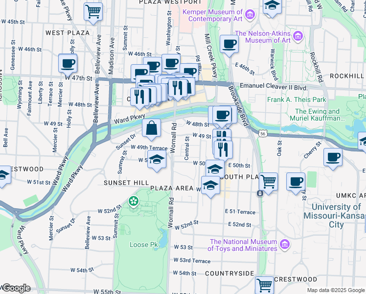 map of restaurants, bars, coffee shops, grocery stores, and more near 4950 Central Street in Kansas City