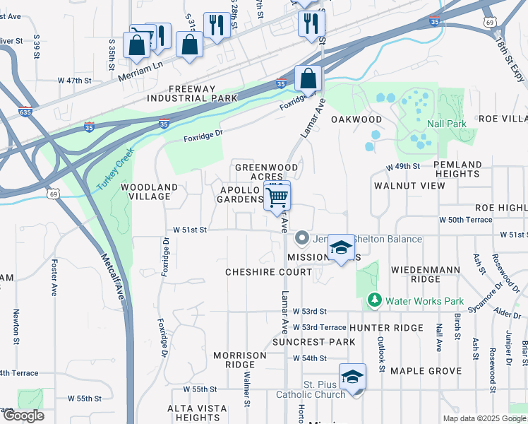 map of restaurants, bars, coffee shops, grocery stores, and more near 6300 West 51st Street in Mission