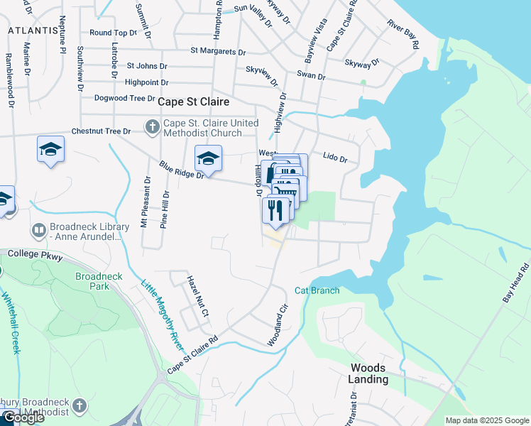 map of restaurants, bars, coffee shops, grocery stores, and more near 1247 Hilltop Drive in Annapolis