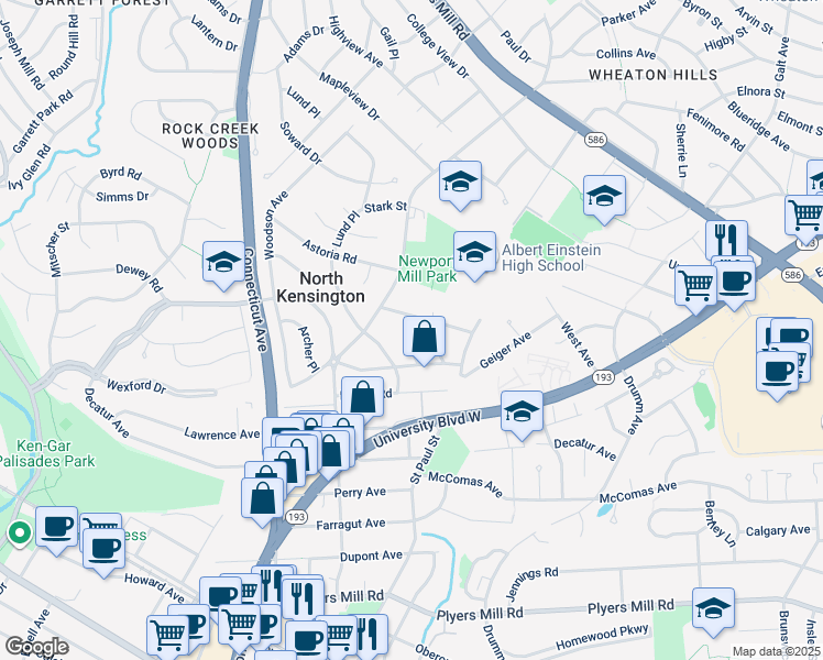 map of restaurants, bars, coffee shops, grocery stores, and more near 11015 Glueck Lane in Kensington