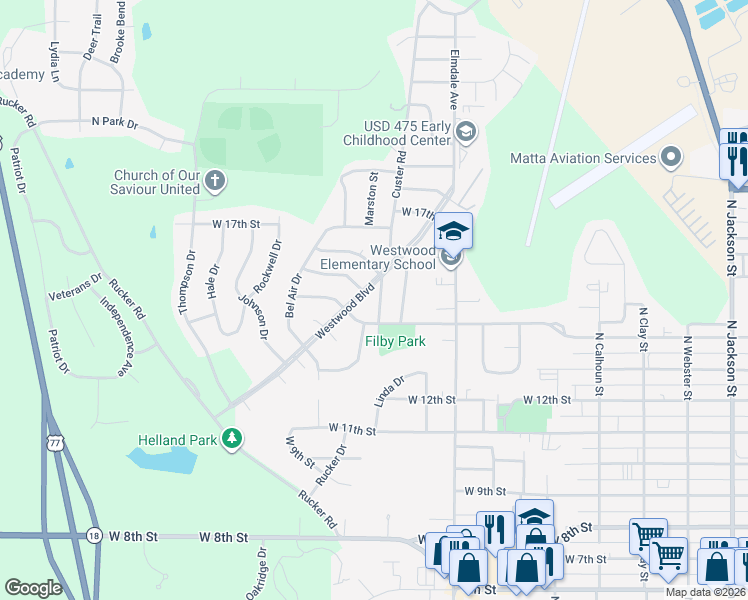 map of restaurants, bars, coffee shops, grocery stores, and more near 1405 Dean Avenue in Junction City