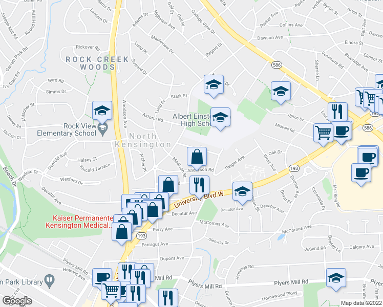map of restaurants, bars, coffee shops, grocery stores, and more near 11015 Glueck Lane in Kensington