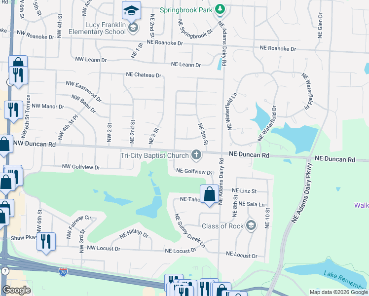 map of restaurants, bars, coffee shops, grocery stores, and more near 430 Northeast Duncan Road in Blue Springs