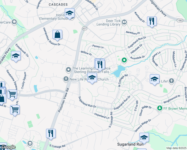 map of restaurants, bars, coffee shops, grocery stores, and more near 20 Sugarland Square Court in Sterling