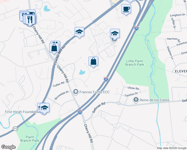 map of restaurants, bars, coffee shops, grocery stores, and more near 3705 Green Ash Court in Beltsville