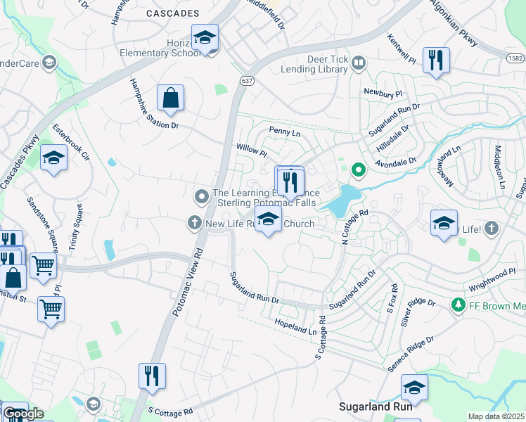 map of restaurants, bars, coffee shops, grocery stores, and more near 4 Sugarland Square Court in Sterling