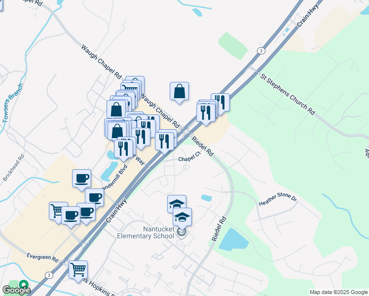 map of restaurants, bars, coffee shops, grocery stores, and more near 821 Freeland Court in Gambrills