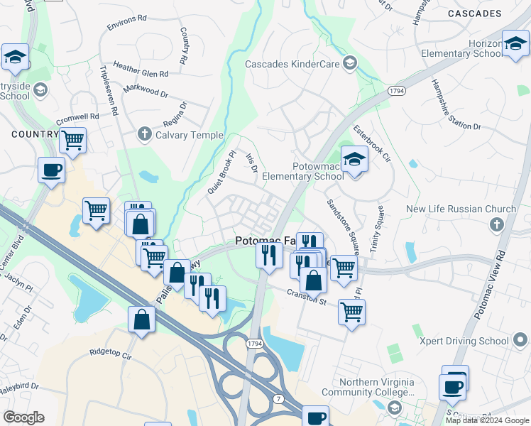 map of restaurants, bars, coffee shops, grocery stores, and more near 20877 Quay Lane in Sterling