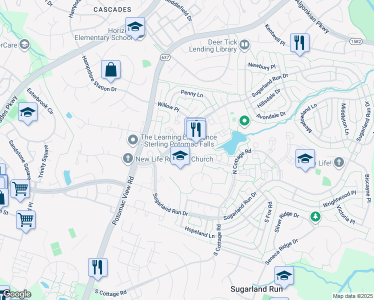 map of restaurants, bars, coffee shops, grocery stores, and more near 26 Sugarland Square Court in Sterling