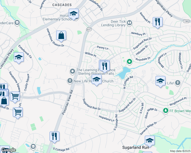 map of restaurants, bars, coffee shops, grocery stores, and more near 8 Sugarland Square Court in Sterling