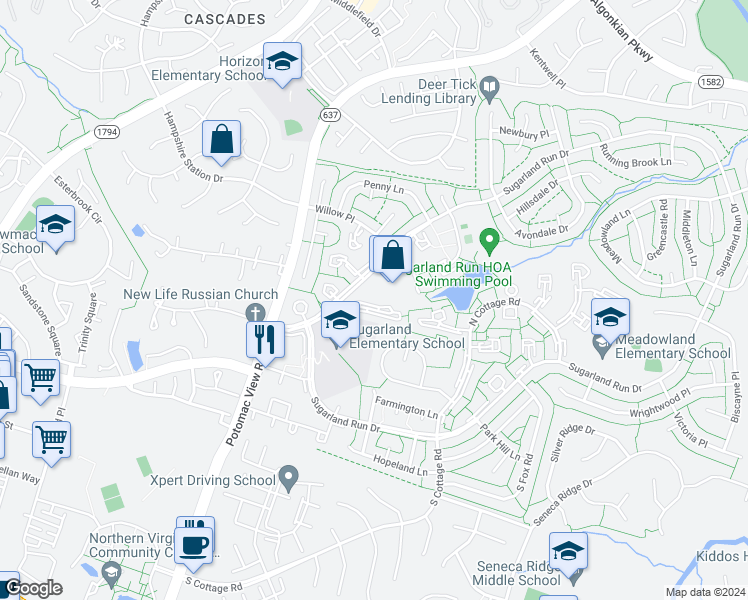 map of restaurants, bars, coffee shops, grocery stores, and more near 26 Sugarland Square Court in Sterling
