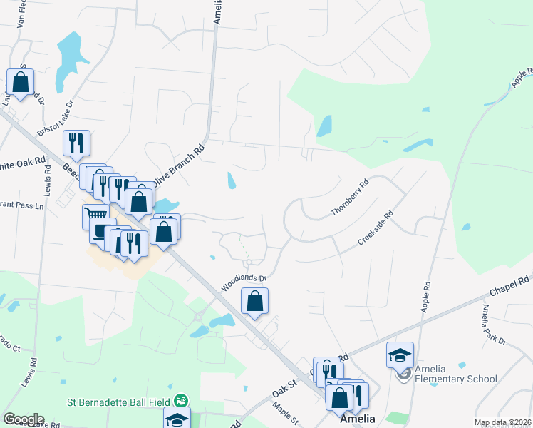 map of restaurants, bars, coffee shops, grocery stores, and more near 97 Ledgerwoods Drive in Amelia