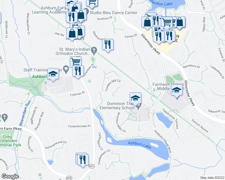 map of restaurants, bars, coffee shops, grocery stores, and more near 20960 Fowlers Mill Circle in Ashburn