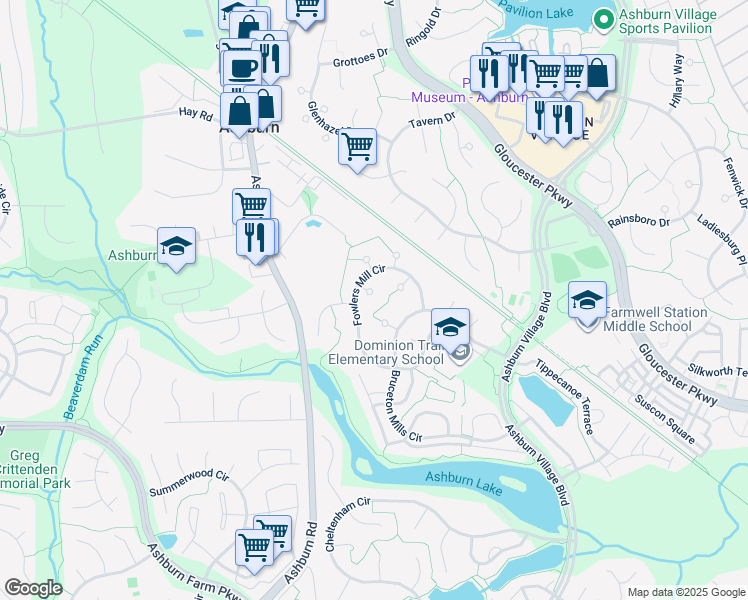 map of restaurants, bars, coffee shops, grocery stores, and more near 20960 Fowlers Mill Circle in Ashburn