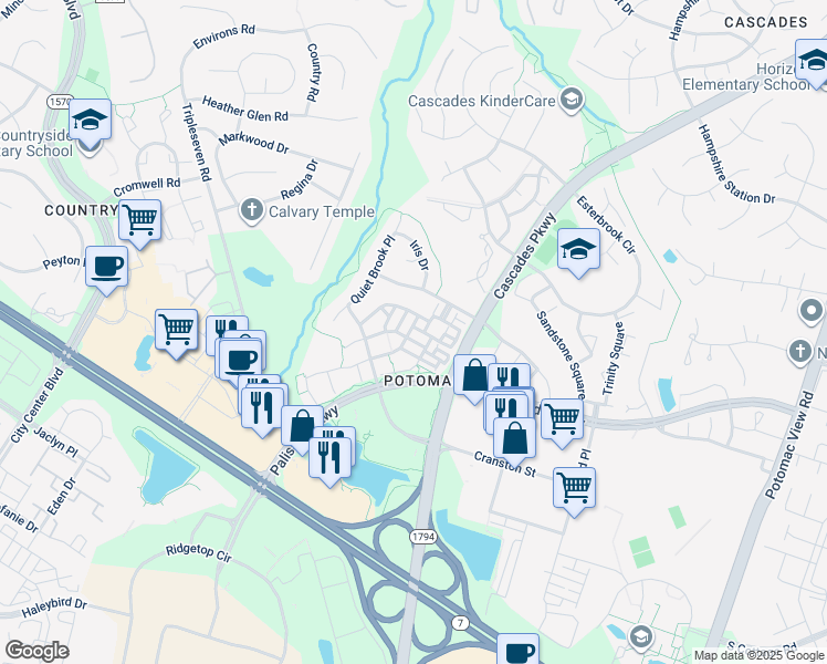 map of restaurants, bars, coffee shops, grocery stores, and more near 46265 Porter Terrace in Sterling