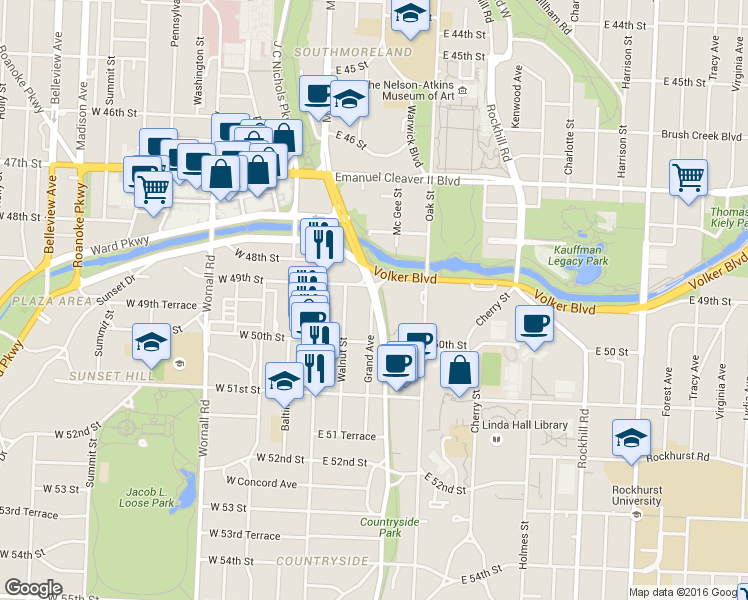 map of restaurants, bars, coffee shops, grocery stores, and more near Brookside Blvd & Grand Ave in Kansas City