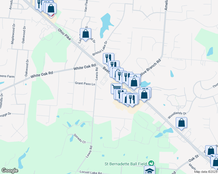 map of restaurants, bars, coffee shops, grocery stores, and more near 1381 Ohio Pike in Amelia