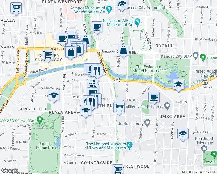 map of restaurants, bars, coffee shops, grocery stores, and more near 4925 Walnut Street in Kansas City