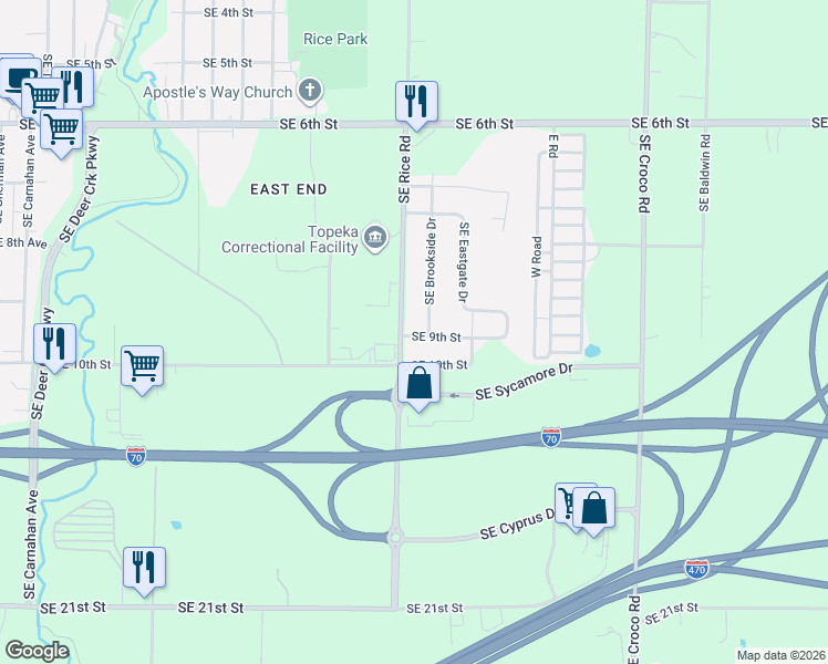 map of restaurants, bars, coffee shops, grocery stores, and more near 3513 Southeast 9th Street in Topeka