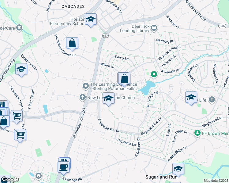 map of restaurants, bars, coffee shops, grocery stores, and more near 12 Sugarland Square Court in Sterling