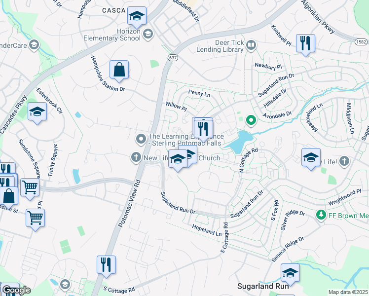 map of restaurants, bars, coffee shops, grocery stores, and more near 6 Sugarland Square Court in Sterling