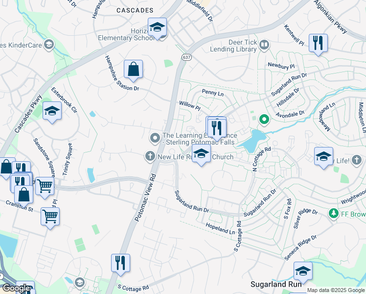 map of restaurants, bars, coffee shops, grocery stores, and more near 103 Drury Circle in Sterling