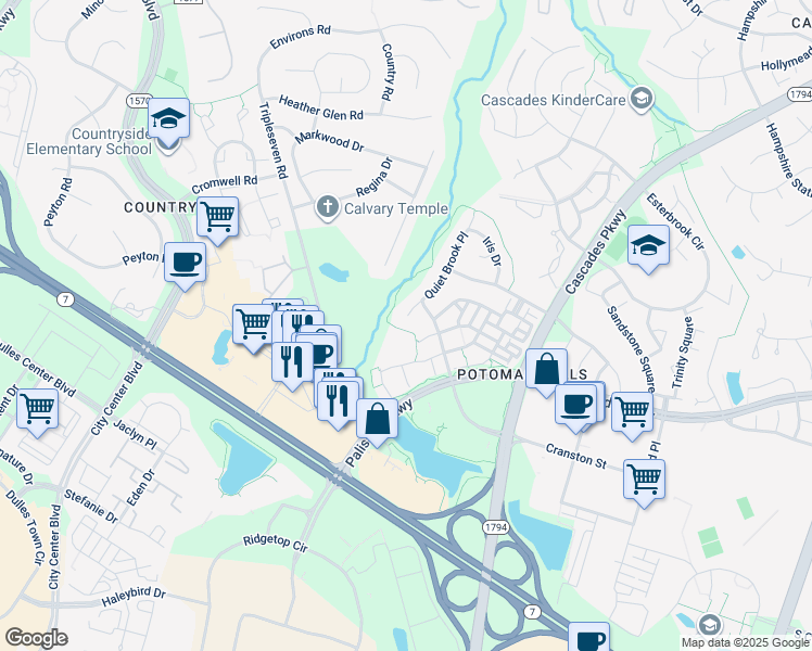 map of restaurants, bars, coffee shops, grocery stores, and more near 20822 Quiet Brook Place in Sterling