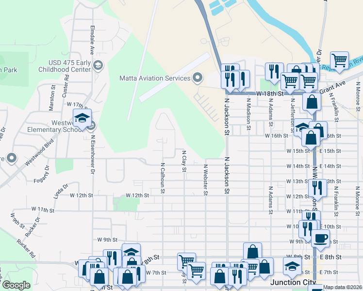 map of restaurants, bars, coffee shops, grocery stores, and more near 1514 North Clay Street in Junction City