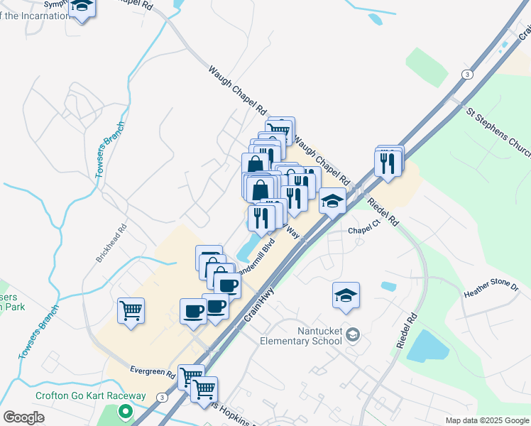 map of restaurants, bars, coffee shops, grocery stores, and more near 1326 Main Chapel Way in Gambrills